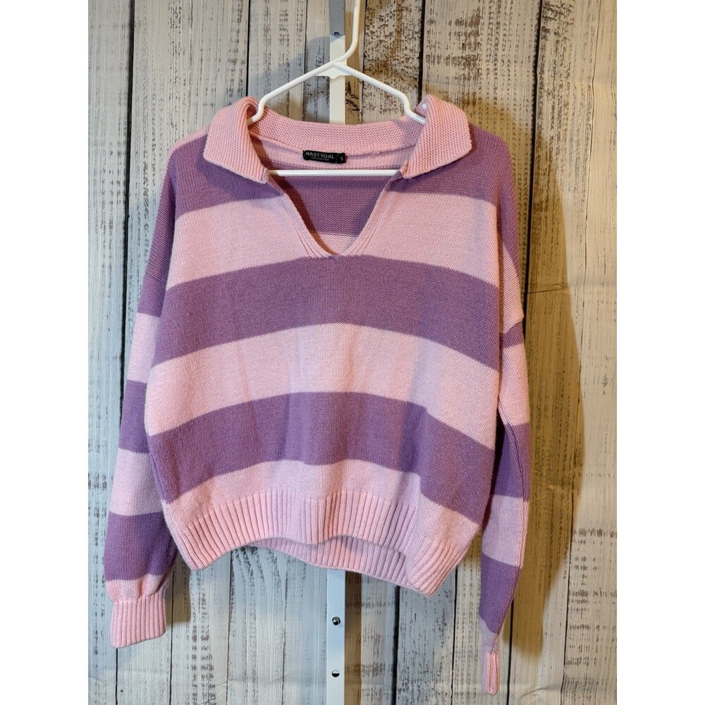 Nasty Gal Women’s Sweater Small Pink And Purple Stripe Long Sleeve V Neck